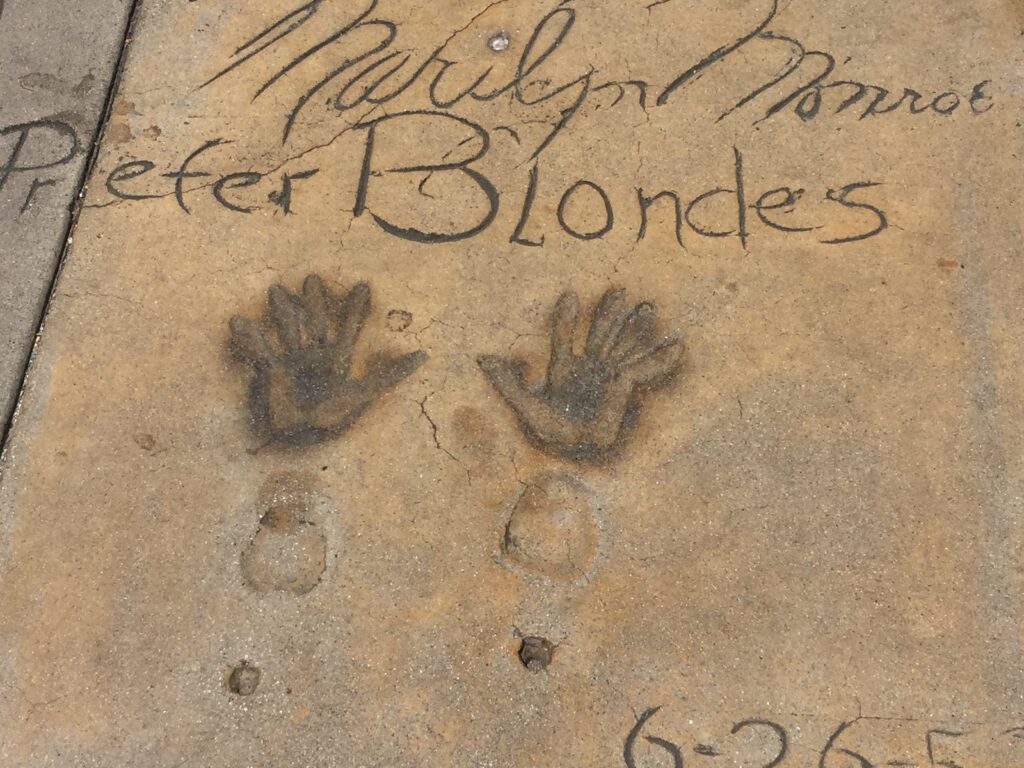 A view of Marilyn Monroe's handprint/signature in front of the Grauman's Chinese Theatre