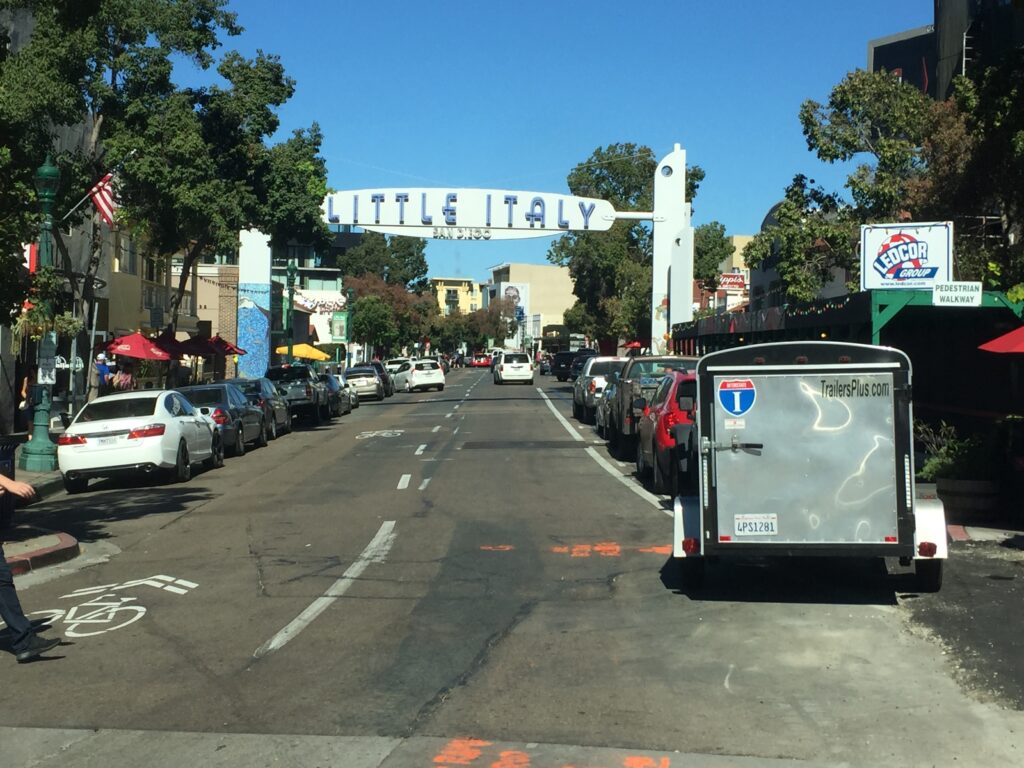 A view of the welcoming arch of Little Italy in San Diego
